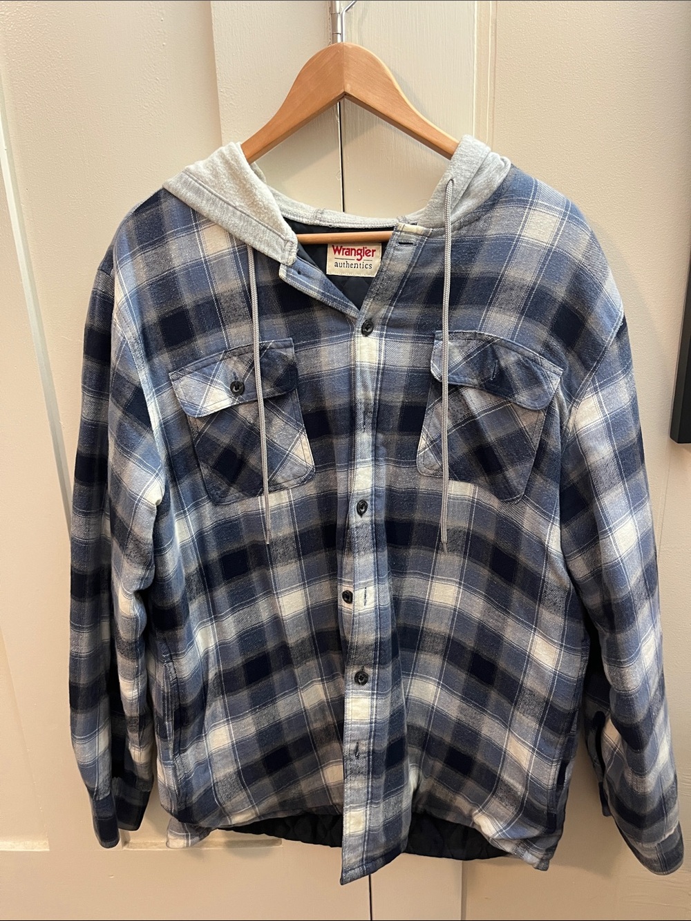 Wrangler Blue and White Plaid Hooded Button-Down Shirt